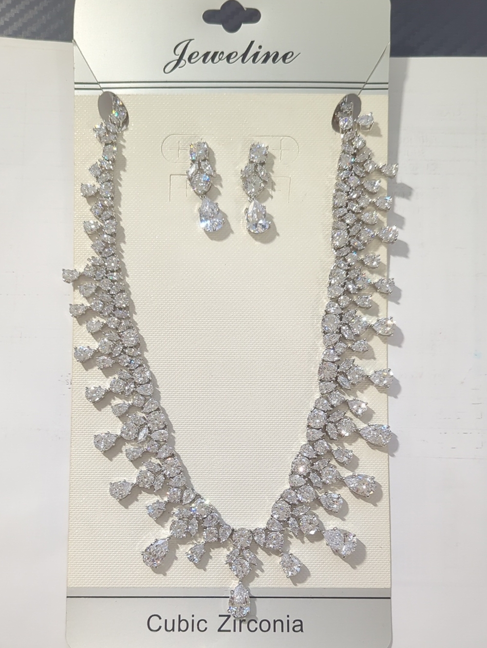 Silver Cubic Zirconia Teardrop Necklace & Earring Set - High Quality Of CZ!